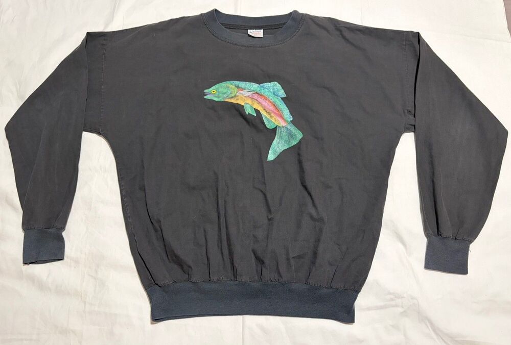 Vintage Quitman USA Painted Trout Fish Sweatshirt Made in USA 100% Cotton